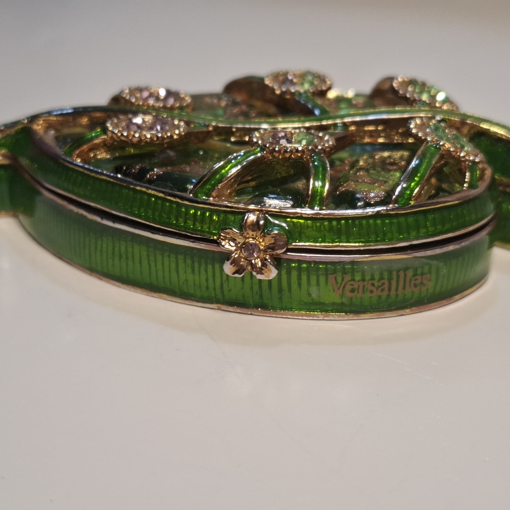 🌱Green Leaf Enamel Jeweled Rhinestone  Glass Trinket Box Versailles Vintage - Picture 4 of 9